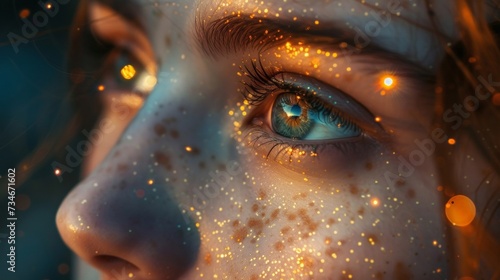 A woman's eye illuminated by shimmering lights, revealing a glimpse into the mystical realm of her clairvoyant vision.
