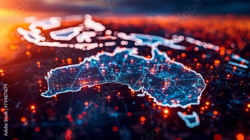 Digital map of Australia represents the interconnected world of technology, enabling seamless data transfer and communication for global business.