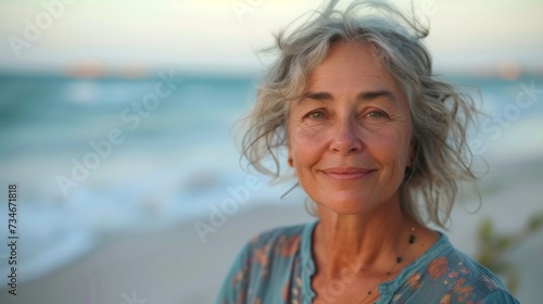 Elderly lady grinning at seaside, basking in sun, savoring peaceful coastal vibes, embracing life's golden years with ease.