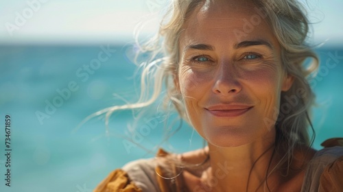 Mature woman radiating joy on the beach, embracing a carefree life and reveling in the sun and breeze.