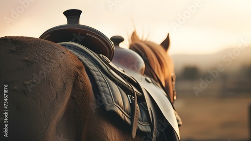 Horse saddle placed on a horse's back photo
