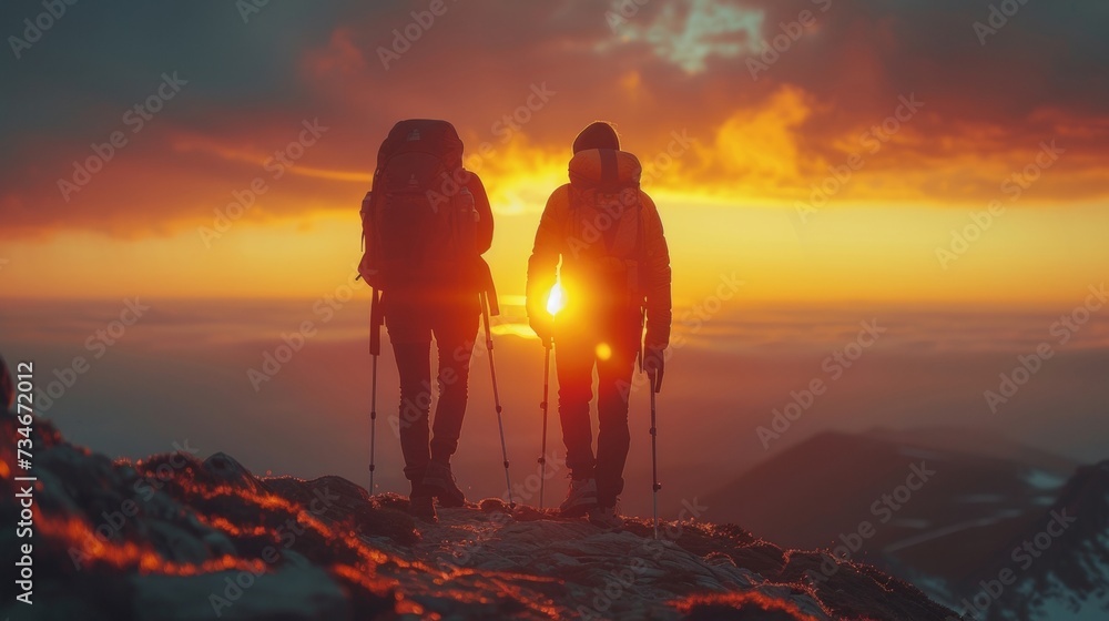 Hikers celebrate their triumph atop a mountain peak, basking in the glow of the sunset, feeling the rush of adventure and the joy of freedom as they gaze into the distance.