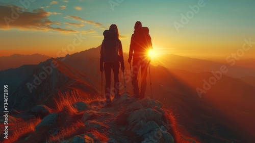 Hikers celebrate their triumph atop a mountain peak, basking in the glow of the sunset, feeling the rush of adventure and the joy of freedom as they gaze into the distance. photo
