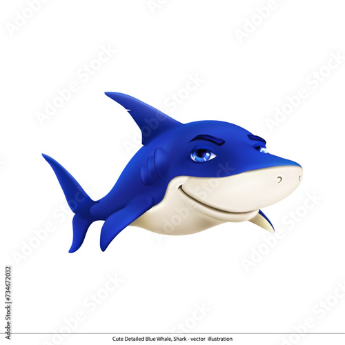 Cute Detailed Blue Whale  Shark  .Vector Illustration of Cute Blue Whale and Humorous Shark for Children s Books. Blue Whale and Playful Shark