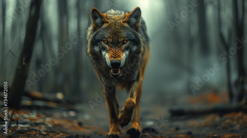 Fierce solitary wolf stalks through the woods, baring its fangs and preparing to strike at any moment. photo