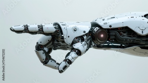 A robotic hand with a pointing gesture, isolated against a white backdrop.
