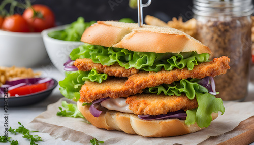 Delicious crunchy chicken schnitzel sandwich with fries and fresh vegetables