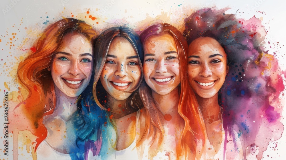 Empowered women celebrate unity and positivity in a vibrant watercolor illustration.