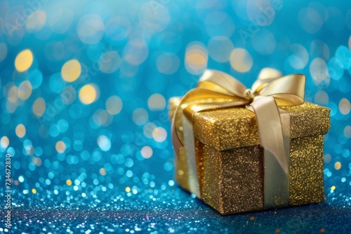 Gold gift box with shiny ribbon on blue glitter background, perfect for Christmas, birthday, or anniversary card. © tonstock