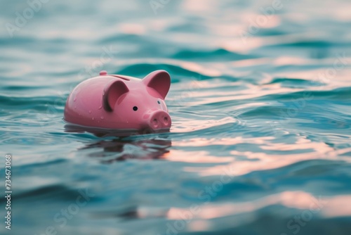 Piggy bank sinking in water symbolizes financial instability, looming bankruptcy, and economic downturn.