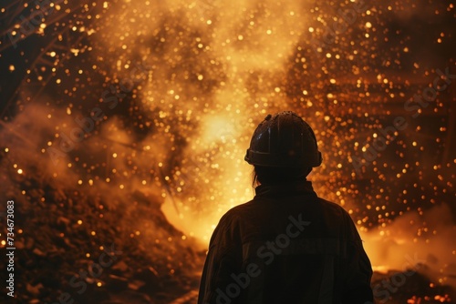 A laborer stands before a roaring blast furnace as liquid metal flows behind him. © tonstock