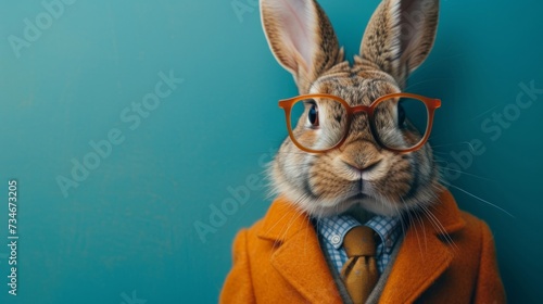 Sharp-dressed rabbit exudes confidence in stylish orange attire, complete with spectacles for a sophisticated touch. photo