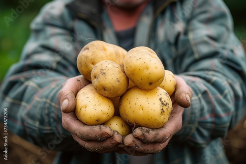 Crop worker holding fresh potatoes at farm
