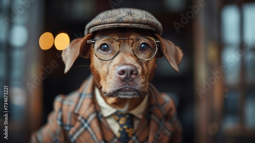 Dapper Yorkshire Terrier, dressed to impress in a sharp suit, tie, and cap, exudes charisma with its sophisticated glasses and human-like poise.