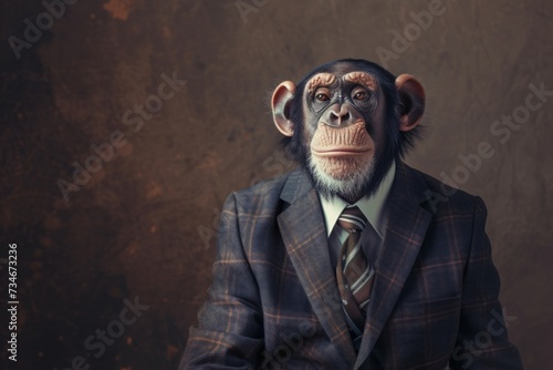Chimpanzee in a stylish suit and tie exudes charm and sophistication, epitomizing the perfect blend of animal charisma and human fashion flair. © tonstock