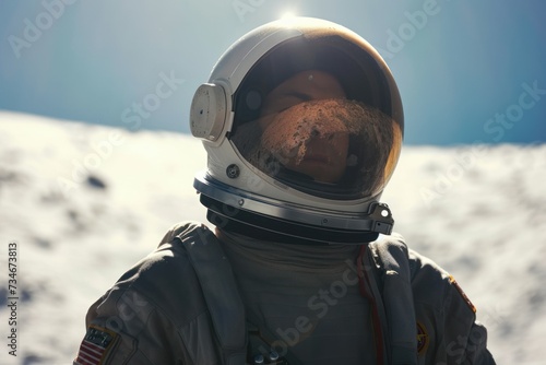 Astronautic man in space helmet during sunny day