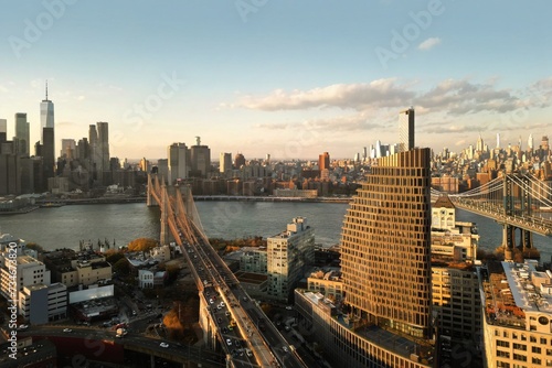 Brooklyn downtown. Buildings of Brooklyn in New York. Skyline of NYC. Manhattan skyline. Brooklyn Bridge in New York City, USA. Brooklyn Bridge in New York City at dawn.