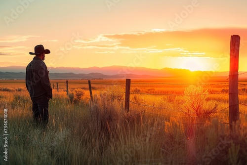 Farmer by fence at sunset in Picabo  Idaho  USA