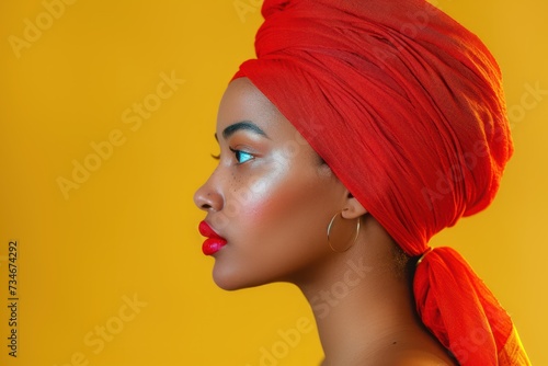 Beauty face profile, red lipstick and black woman with skincare wellness, real aesthetic makeup or anti aging cosmetics. Advertising studio, head scarf and African person on mockup yellow background