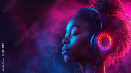 African woman grooves to pulsating beats, feeling the rhythm through vibrant light effects and dynamic sound vibes on a dark backdrop.