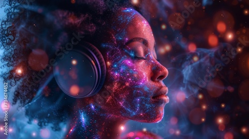 African woman immersed in rhythm, her hair adorned with vibrant digital lights, as music washes over her in a colorful wave. © tonstock