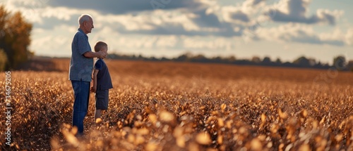 Senior farmer harvesting soybean with grandson at agricultural field