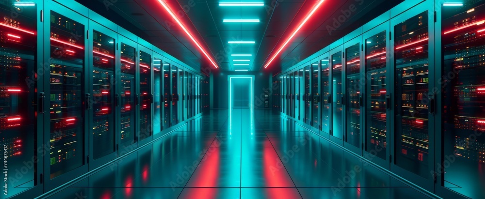 Futuristic Data Center with Advanced Server Racks Illuminated by Vibrant Red and Blue Neon Lights in a Secure High-Tech Facility for Cloud Computing and Networking Solutions