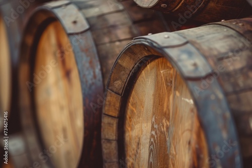 Close-up shot of stacked vintage wine barrels at the vineyard.