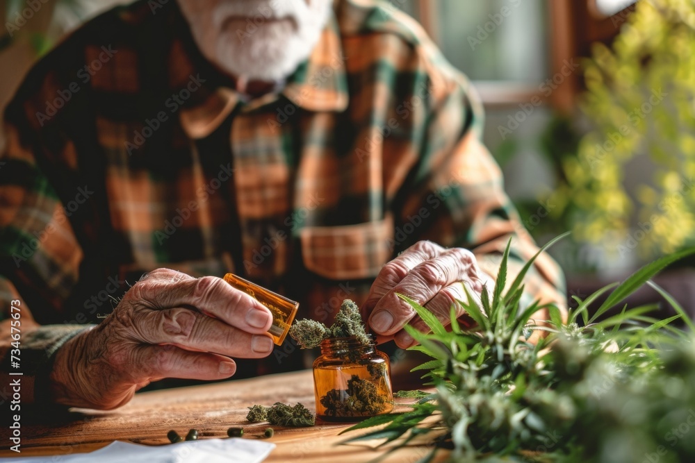 Elderly patient measures out cannabis buds for medical prescription to alleviate rheumatic pain with CBD.