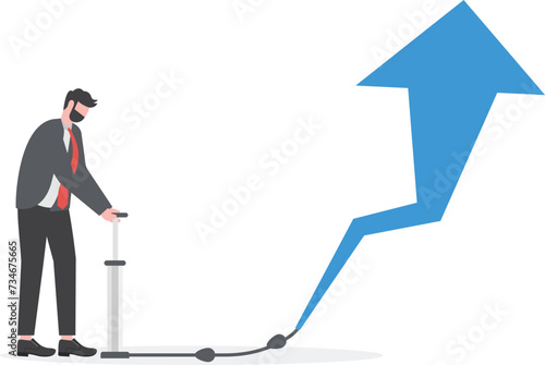 businessman blowing arrow growth by air pump. concept.

