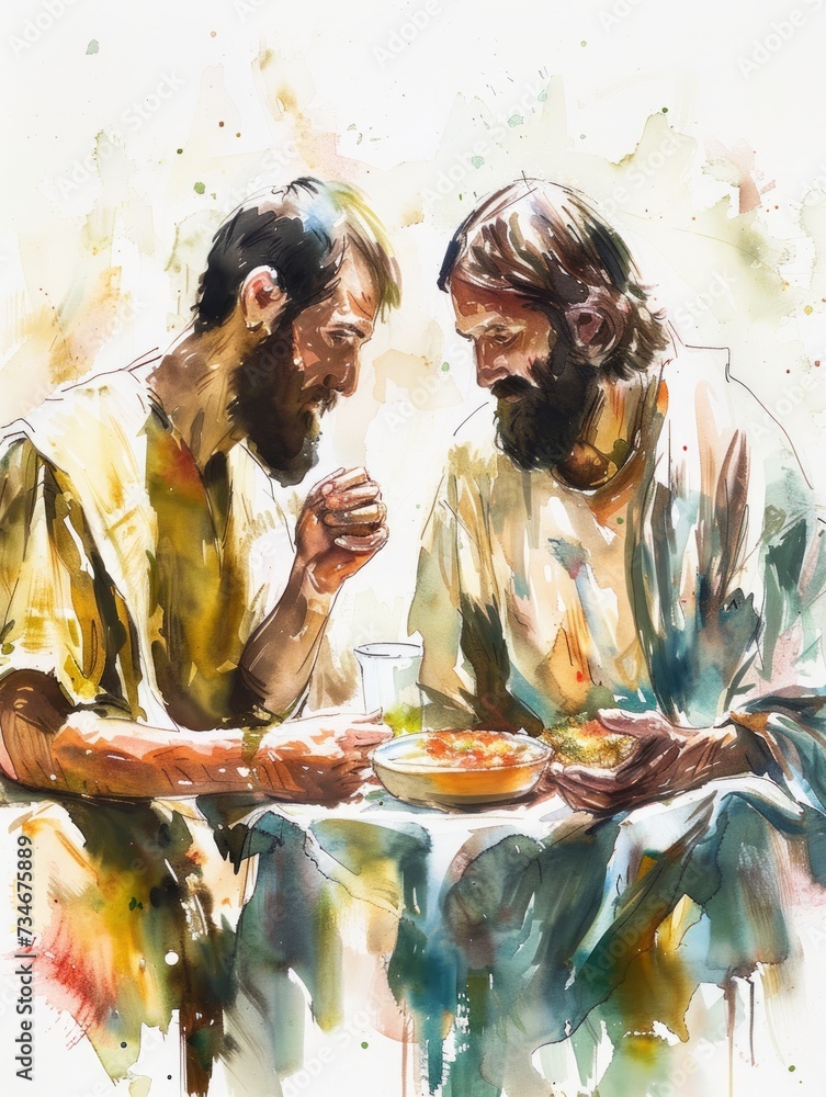 Jesus and James the Less Sharing a Meal in Intimate Watercolor Art Generative AI