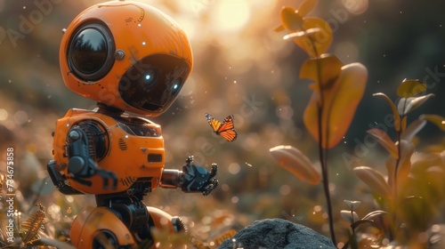 Curious robot wanders through blooming meadow, marveling at the natural beauty and amazed as a colorful butterfly lands gently on its metallic hand.