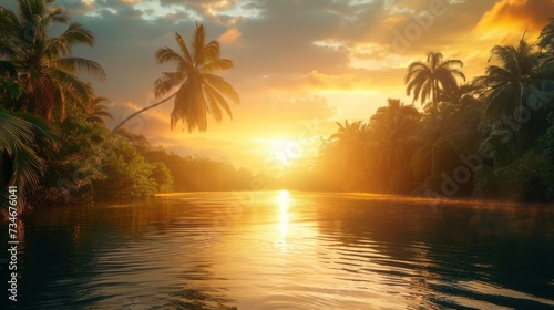 Sunrise casts a golden glow over the Amazon river as it winds through the lush jungle foliage.