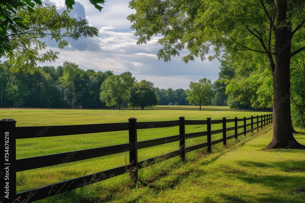 In America a rural property is lined with a black metal fence surrounded by a summer field and trees