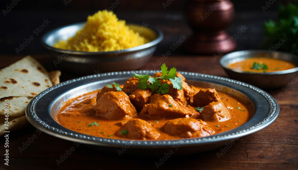 A close up of butter chicken served in a traditional metal thali, placed on a dark wooden table, with the vibrant colors of the dish contrasting beautifully against the rustic backdrop, evoking a sens - obrazy, fototapety, plakaty 