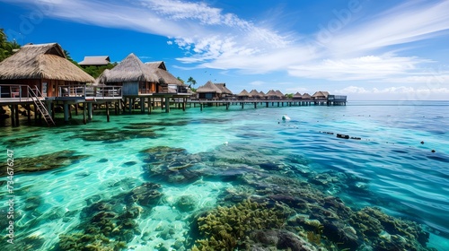 Exotic beach hut village with overwater bungalows and coral reefs 