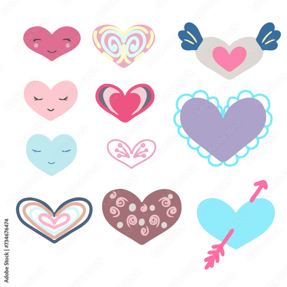 Set Of Colorful Hand drawn Hearts Vector Image. Creative Design Illustration of Love Symbol