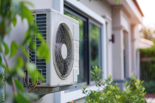 An energy-efficient air heat pump installed beside a contemporary home. photo