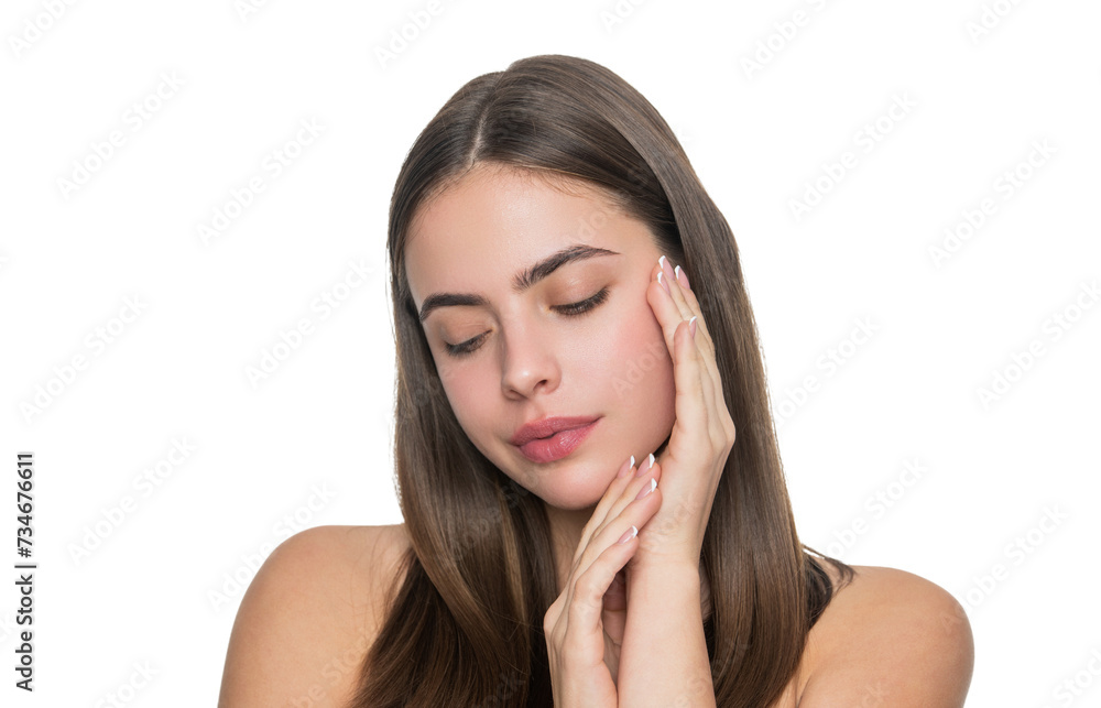 Smooth and soft female skin. Woman touch face. Young girl with bare shoulders. Woman isolated on white. Skincare beauty. Beauty cosmetic Smooth and soft female skin. Woman touch face. Young girl with bare shoulders. Woman isolated on white. Skincare beauty. Beauty cosmetic