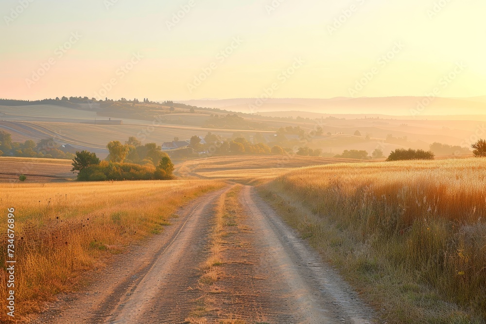 Dawn in a rural area oat fields and a village on a hill captured in a panorama Dawn in a rural area oat fields and a village on a hill captured in a panorama