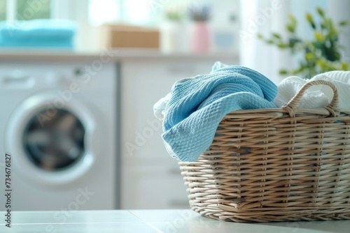 The laundry basket sits in front of the washing machine, ready to be filled with dirty clothes.