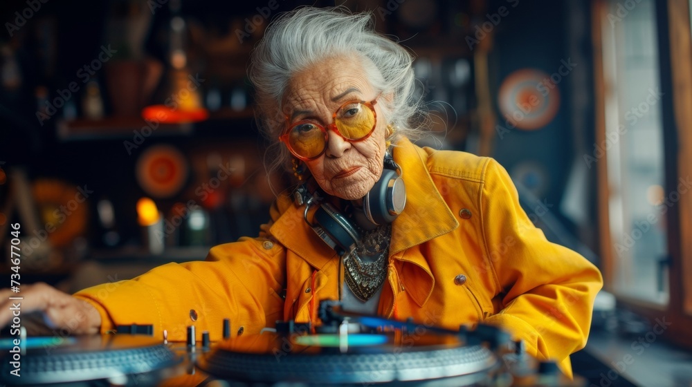 Energetic grandma spinning beats on the decks, proving age is just a number in the vibrant world of electronic music.