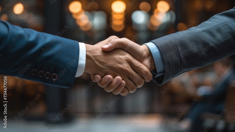 Business partners seal the deal with a firm handshake, signifying a successful agreement and collaboration for future success. Business partners seal the deal with a firm handshake, signifying a successful agreement and collaboration for future success.