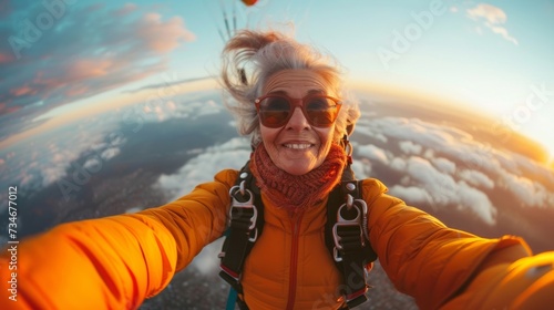 Grandma's adventurous spirit soars high as she snaps a selfie while skydiving, embracing the vibrant colors of life's sunset.
