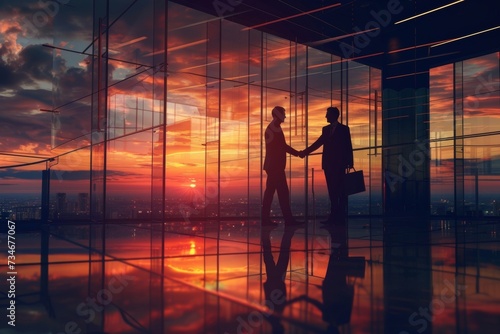 Business partners seal the deal with a firm handshake at sunset, symbolizing a successful agreement and collaboration.