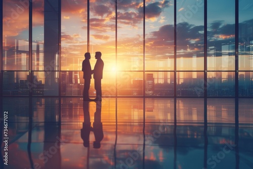 Business partners seal the deal with a firm handshake at sunset  symbolizing a successful agreement and collaboration.