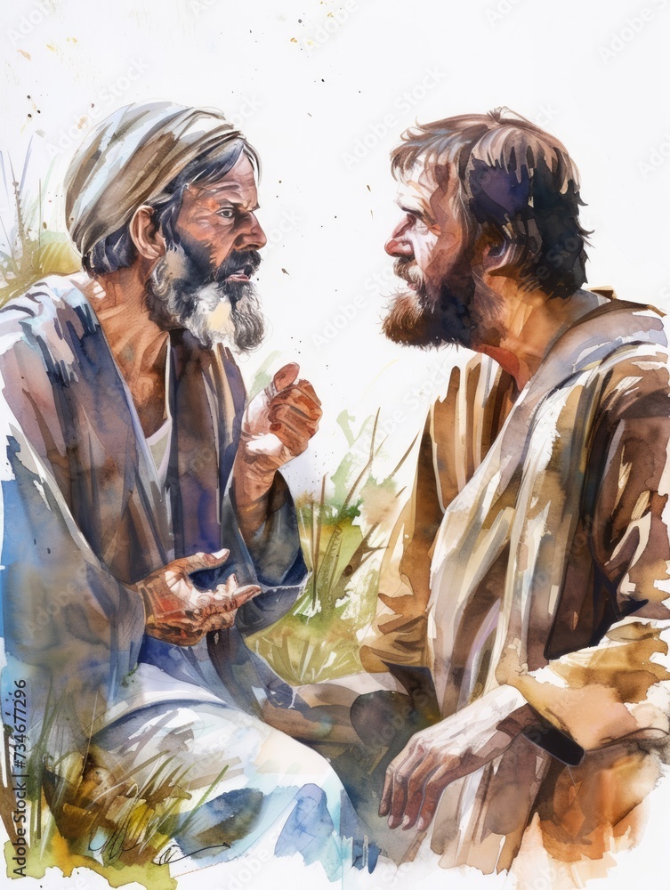 Meaningful Conversation: Jesus and Peter Interpreting Parables in Watercolor Art Generative AI