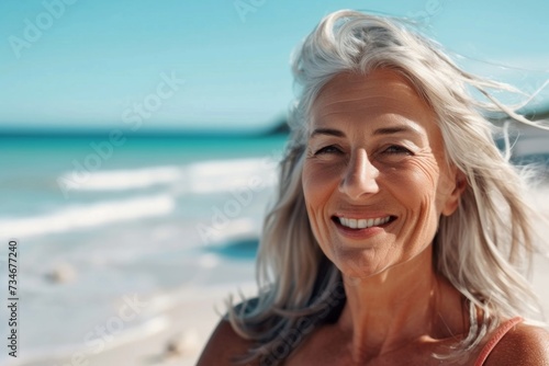 Happy older lady soaking up the sun and embracing life by the ocean. © tonstock