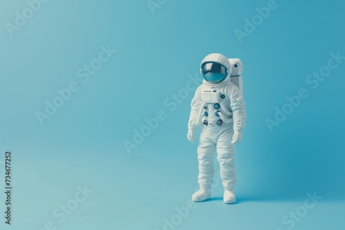 A lone astronaut stands against a striking blue backdrop, evoking a sense of solitude and the vastness of space.