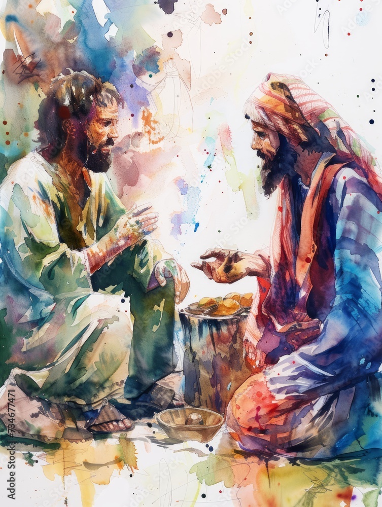 Jesus and Philip Discussing the Miracle of Multiplication of Loaves and Fishes Generative AI